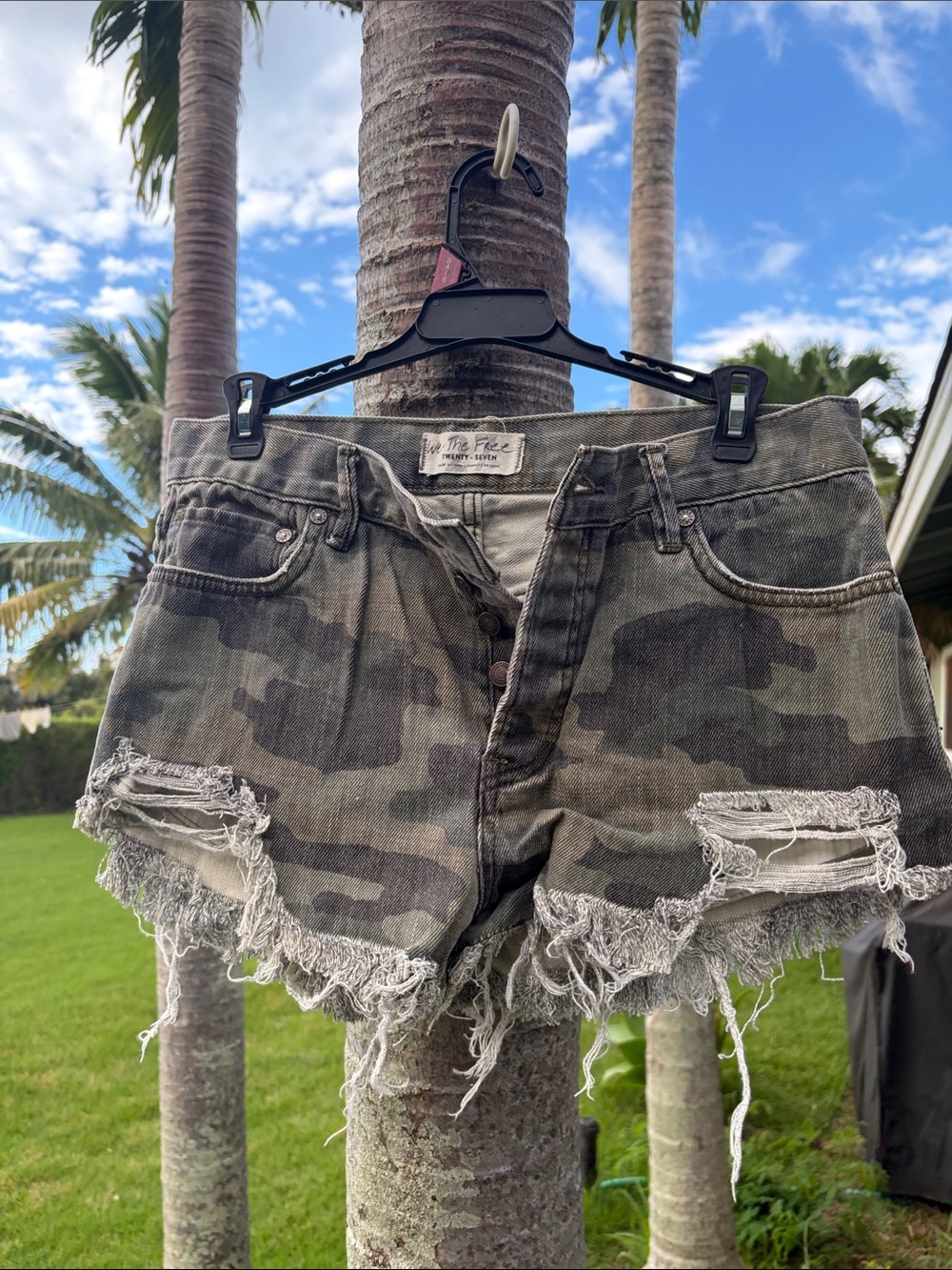 We The Free Olive Camo Distressed Denim Shorts